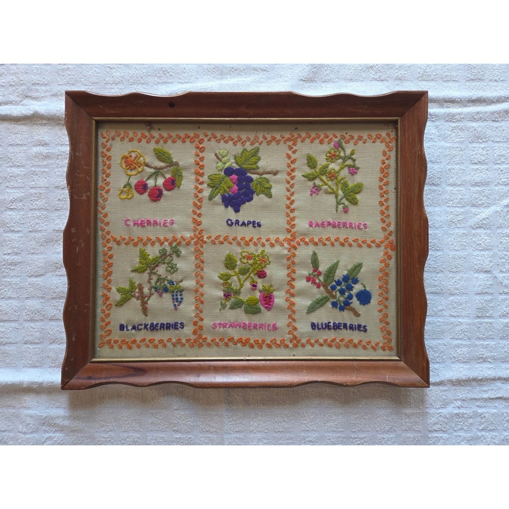 Vintage Framed Crewel Embroidery Berry Sampler Scalloped Wood Frame Wall Art